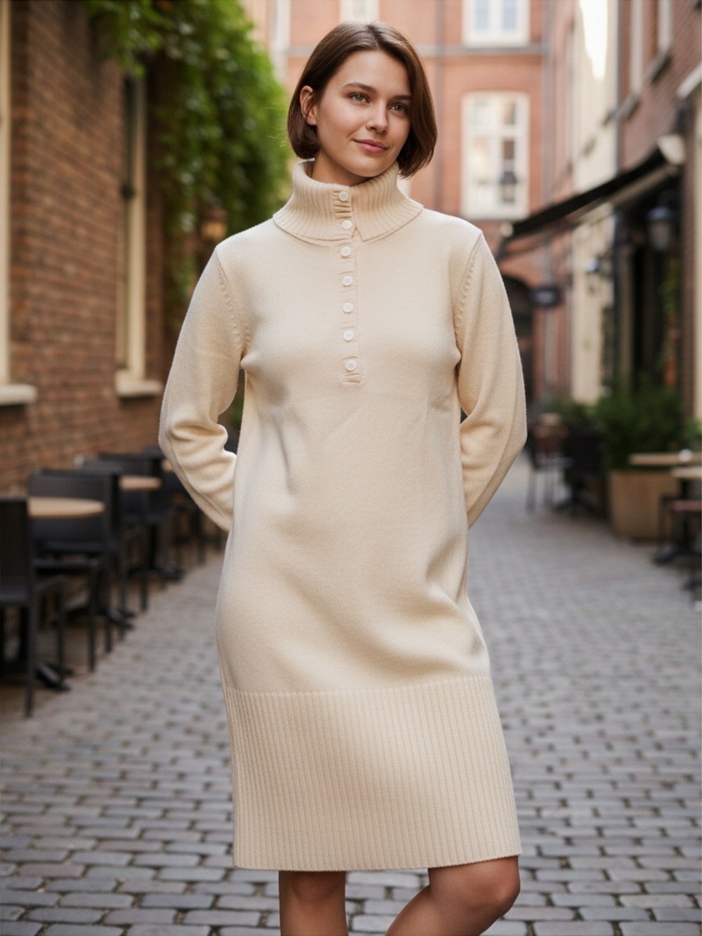 BCBGMaxAzria Cream Button-Front Turtleneck Knit Dress